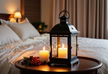 A cozy Christmas lantern, adorned with a flickering candle, illuminating a bedroom with warmth and cheer