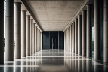 a modern concrete hallway adorned with symmetrical columns, exuding a sleek and contemporary aesthetic