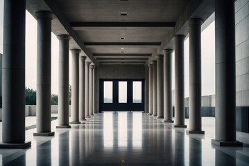 a modern concrete hallway adorned with symmetrical columns, exuding a sleek and contemporary aesthetic