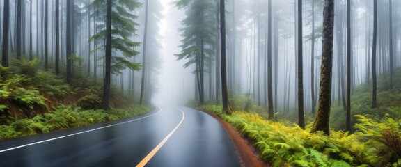 A panoramic view of a misty forest reveals a winding mountain road disappearing into the fog 