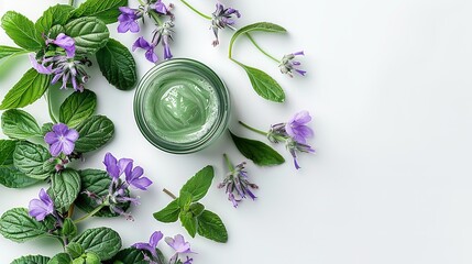 In a studio clean backdrop comfrey herb Symphytum officinal with a essential cream jar with space for text or product, Generative AI. - obrazy, fototapety, plakaty