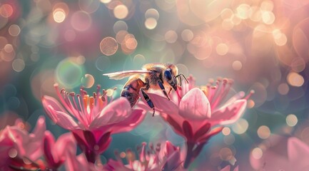 Close-up of bee pollinating on pink flower - obrazy, fototapety, plakaty