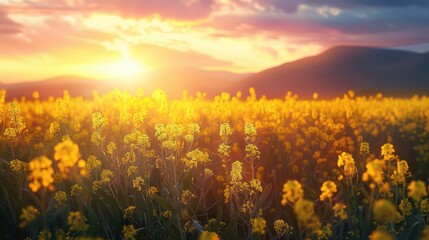 Scenic view of oilseed rape field against sky during sunset
