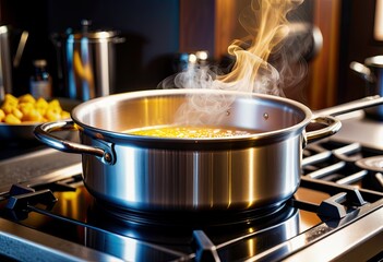 A stainless steel saucepan placed on an induction stove emits steam, casting a warm glow in the kitchen