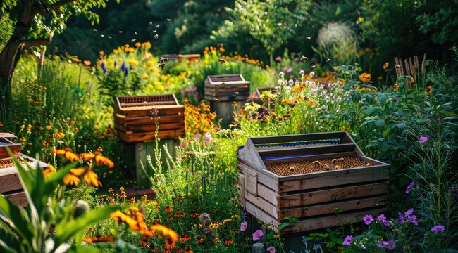 An apiary nestled in a lush garden, beehives arranged neatly among colorful flowers