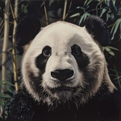A panda bear is staring at the camera