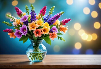 A vase of flowers set against a backdrop of blue bokeh, creating a serene and picturesque scene