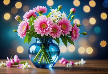 A vase of flowers set against a backdrop of blue bokeh, creating a serene and picturesque scene - obrazy, fototapety, plakaty