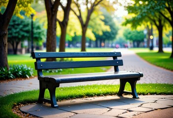A tranquil park scene unfolds with a sleek graphite bench adorning a decorative stone pathway - obrazy, fototapety, plakaty