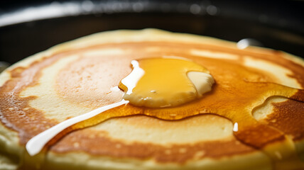 The top of a buttered and perfectly golden pancake topped with a dollop of butter and a drizzling of hot maple syrup; background image