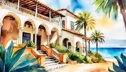 Mission Spanish Colonial Home Watercolor