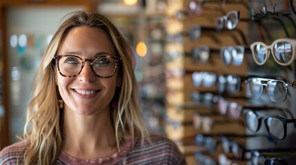 In front of an array of distinctive eyeglass frames found in an optometry shop, a joyful lady tries over spectacles lovely interior and space, Generative AI.