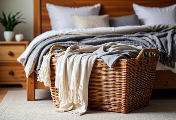 A wicker basket holding a cozy blanket, nestled in the corner of a serene bedroom