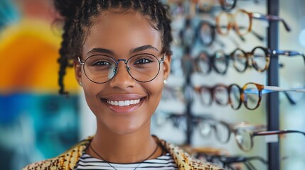 In front of an array of distinctive eyeglass frames in a nearby optometry shop, a joyful African lady tries over spectacles and space, Generative AI. - obrazy, fototapety, plakaty