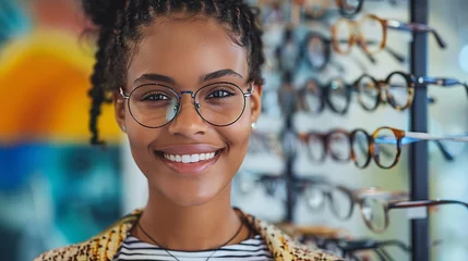 Fotobehang In front of an array of distinctive eyeglass frames in a nearby optometry shop, a joyful African lady tries over spectacles and space, Generative AI. © Electro Unicorn