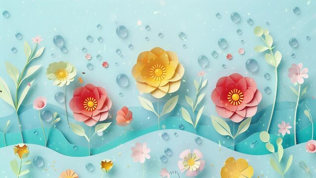 cute flowers and water droplets on pastel blue background in illustration of paper art.  seamless looping overlay 4k virtual video animation background