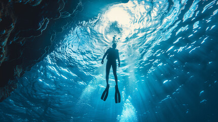 Fototapeta premium Snorkeling and scuba diving, a wide view of a diver from below. 