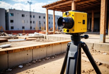 A yellow rangefinder camera mounted on a tripod scans the construction site, searching for blueprints - obrazy, fototapety, plakaty