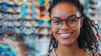 In front of an array of distinctive eyeglass frames in a nearby optometry shop, a joyful African lady tries over spectacles and space, Generative AI.