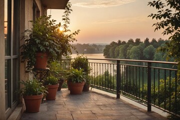 Fototapeta na wymiar Admire the elegance of an urban balcony at sunset, offering views of a serene lake and lush greenery
