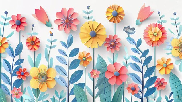 white background with spring seamless border in paper cut style of flowers and leaves . seamless looping overlay 4k virtual video animation background