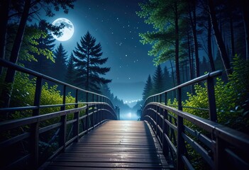 At night, under the full moon's glow, a bridge spans through the forest, casting enchanting shadows