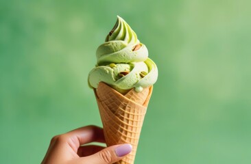 Hand holds ice cream in waffle cones on light green background