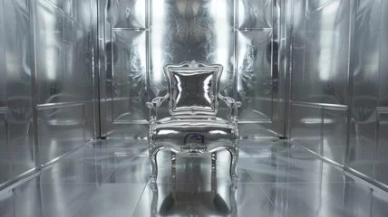 Foto op Canvas Polished silver chair in mirrored room - A shiny silver chair stands alone surrounded by reflective metal walls and creates an infinite effect © Mickey
