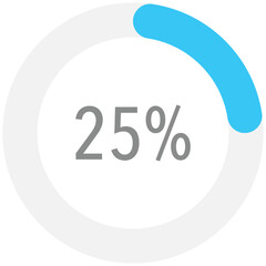 Blue circle percentage diagrams 25%, simple indicator infographic flat design vector illustration loading data interface elements app button ui ux web isolated on white background