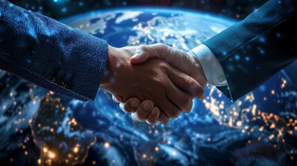 Handshake in front of Earth from space - Image capturing a business handshake superimposed on a backdrop of Earth viewed from space, signifying global partnerships and agreements - obrazy, fototapety, plakaty