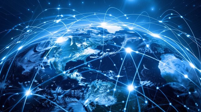 Global communication network embracing the Earth - The image encompasses a concept of a global telecommunications network enveloping the Earth in a web of connections