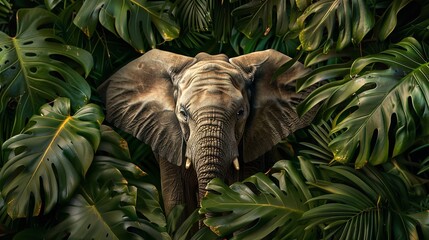 Landscape of an elephant among palm leaves posing like it is hiding with a big space for text or product, Generative AI.
