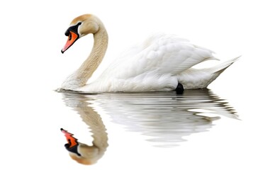 Fototapeta premium Graceful Swan Swimming on Calm Water, its Reflection Visible, Isolated on White. Generative AI.