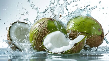 Lovely green coconuts splattering water out of green half coconut over a white setting a blasting lovely scene and space, Generative AI. - obrazy, fototapety, plakaty