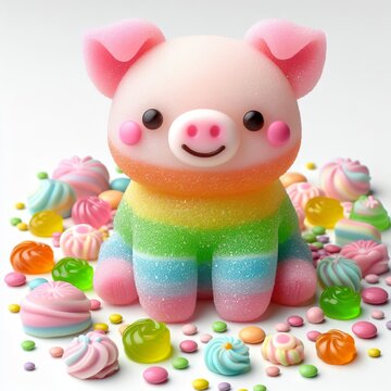 a cute Pig made of pastel color rainbow gummy candy with candies around on a white background