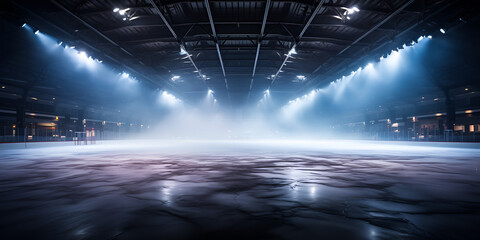 Empty Ice Rink Background. Professional Arena illuminated by lights, spotlights with smoke.