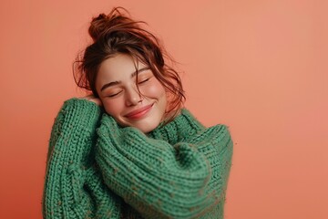 Over a pale orange backdrop, a joyful young lady wearing a green turtleneck sweater is hugging herself and relaxing her eyes and space, Generative AI.