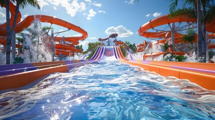 3D render of a thrilling plunge pool at the bottom of a high slide, capturing the splash and the excitement of the riders