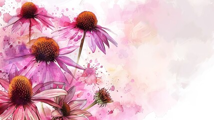 Over a white backdrop painted in watercolor with purple coneflowers as embellishment splattered purple color and space, Generative AI.
