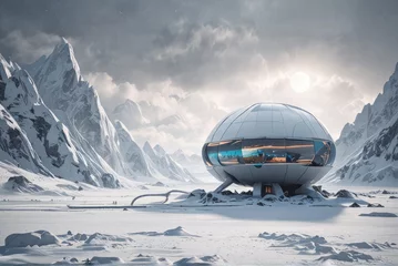 Poster the futuristic building nestled within a snowy alien landscape © SR Creative Idea
