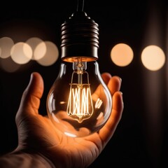 Hand holding a glowing light bulb, symbolizing creativity, innovation, and bright ideas