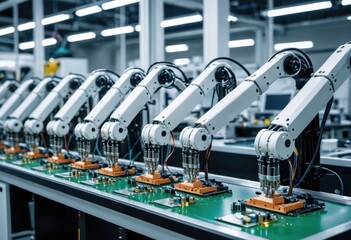 Innovative robot arms ensure precise component installation on PCBs in cutting-edge electronics factories for efficient device production