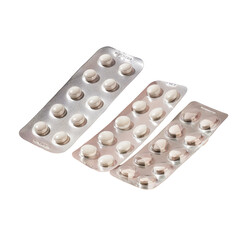 Three blister packs of pills displayed on a transparent background