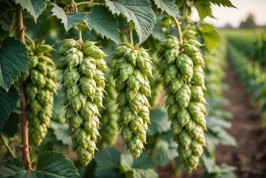 Lush green hop cones ready for harvest in a sunlit agricultural field