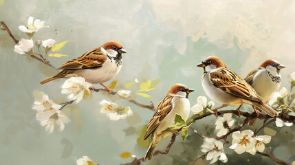 Sparrow birds perched on branch with delicate white flowers. Evokes traditional Chinese painting style. Ideal for spring or summer themes, Generative ai - obrazy, fototapety, plakaty