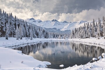 Panoramic view of a beautiful winter landscape with snow-covered trees surrounding a serene lake
