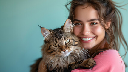 a happy young woman in a pink shirt holding a beautiful cat against a solid color background.