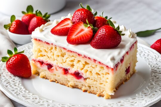 Strawberry cake looks elegant on a white plate on a white background.