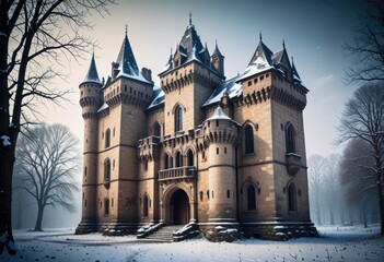 the haunting beauty of an abandoned castle in winter, with ancient medieval ruins evoking a sense of fantasy and history - obrazy, fototapety, plakaty
