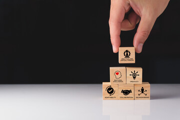 Soft skills HR concept. Business wooden with icon, soft skills, emotional intelligence, creativity, collaboration, adaptability, decision making and analytical thinking. Soft skills business training